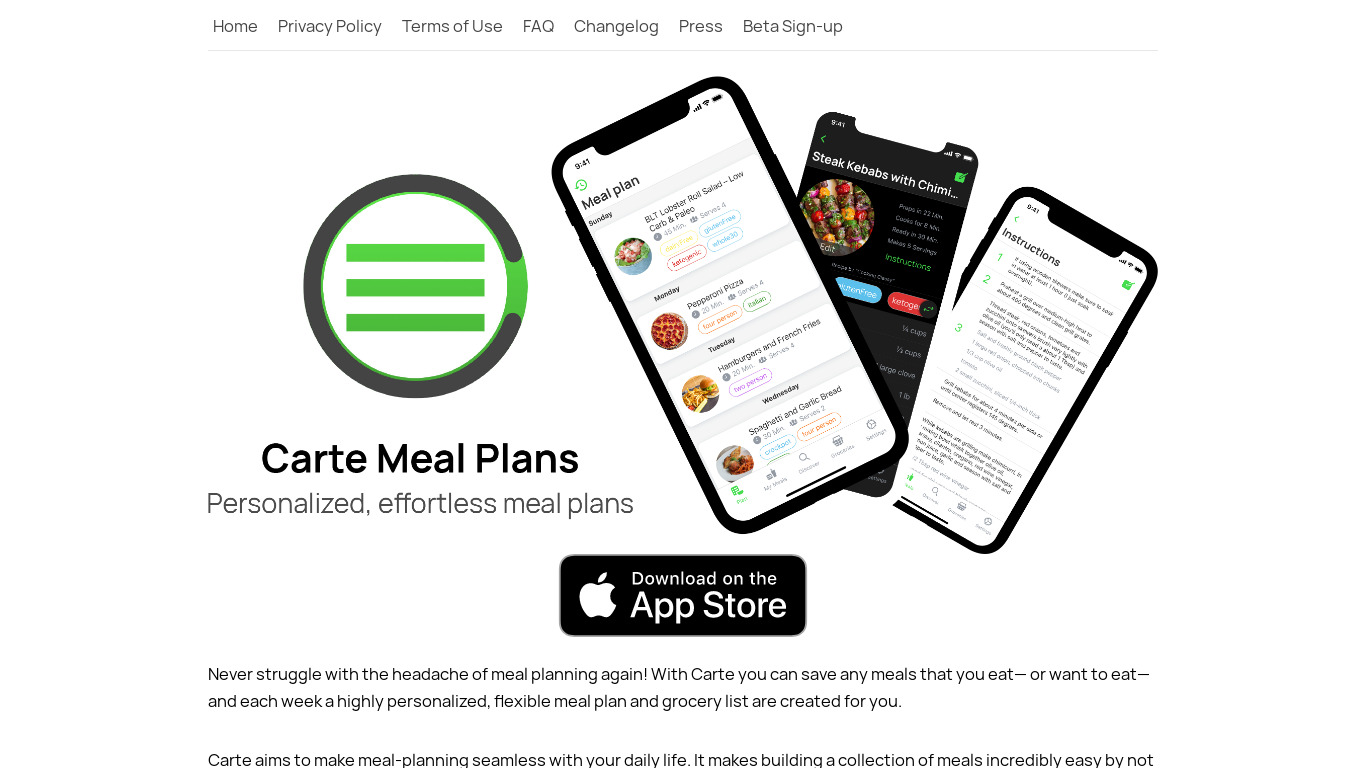 Mealcarte.com Landing page