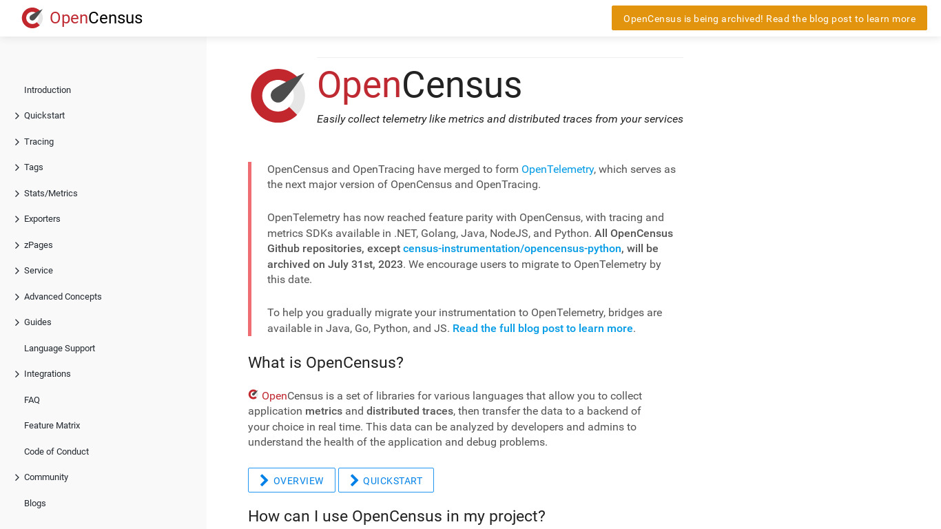 OpenCensus Landing page
