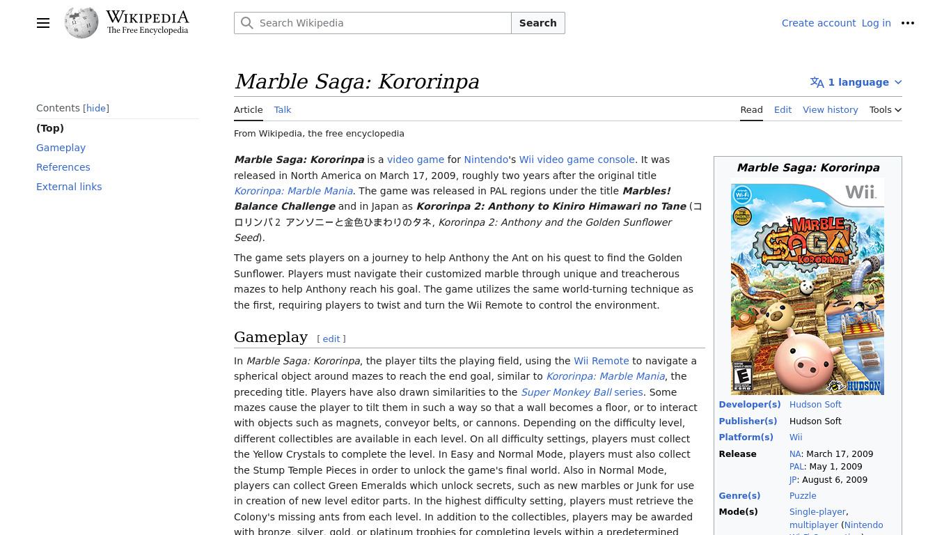 Marble Saga: Kororinpa Landing page