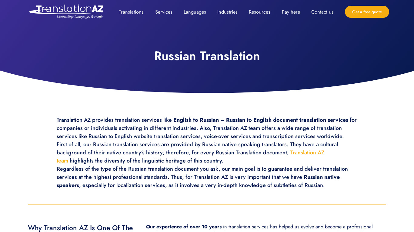 Translation AZ Landing page
