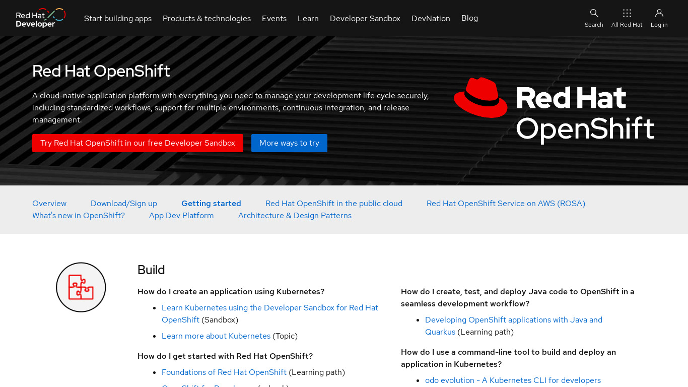 Red Hat OpenShift Landing page