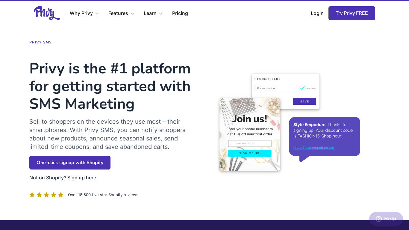 Privy Text Landing page