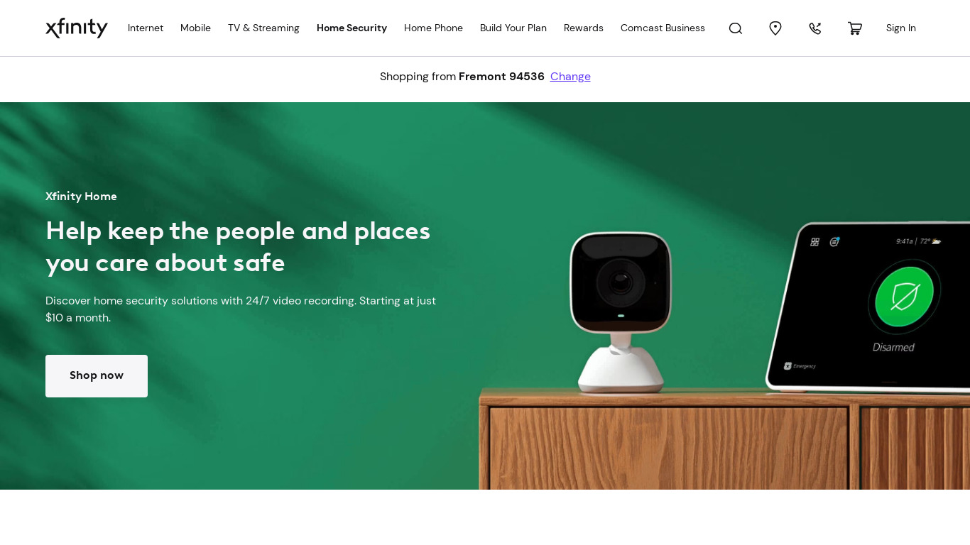 Xfinity Home Security Landing page