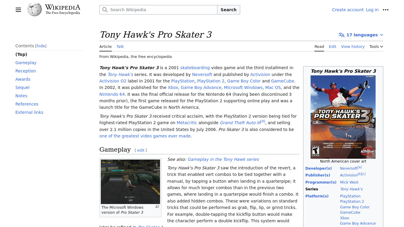 Tony Hawk’s Pro Skater 3 Landing page