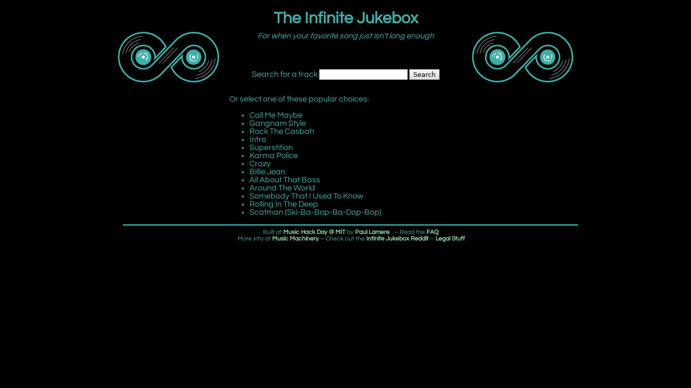 The Infinite Jukebox (at playlistmachinery.com) Landing page
