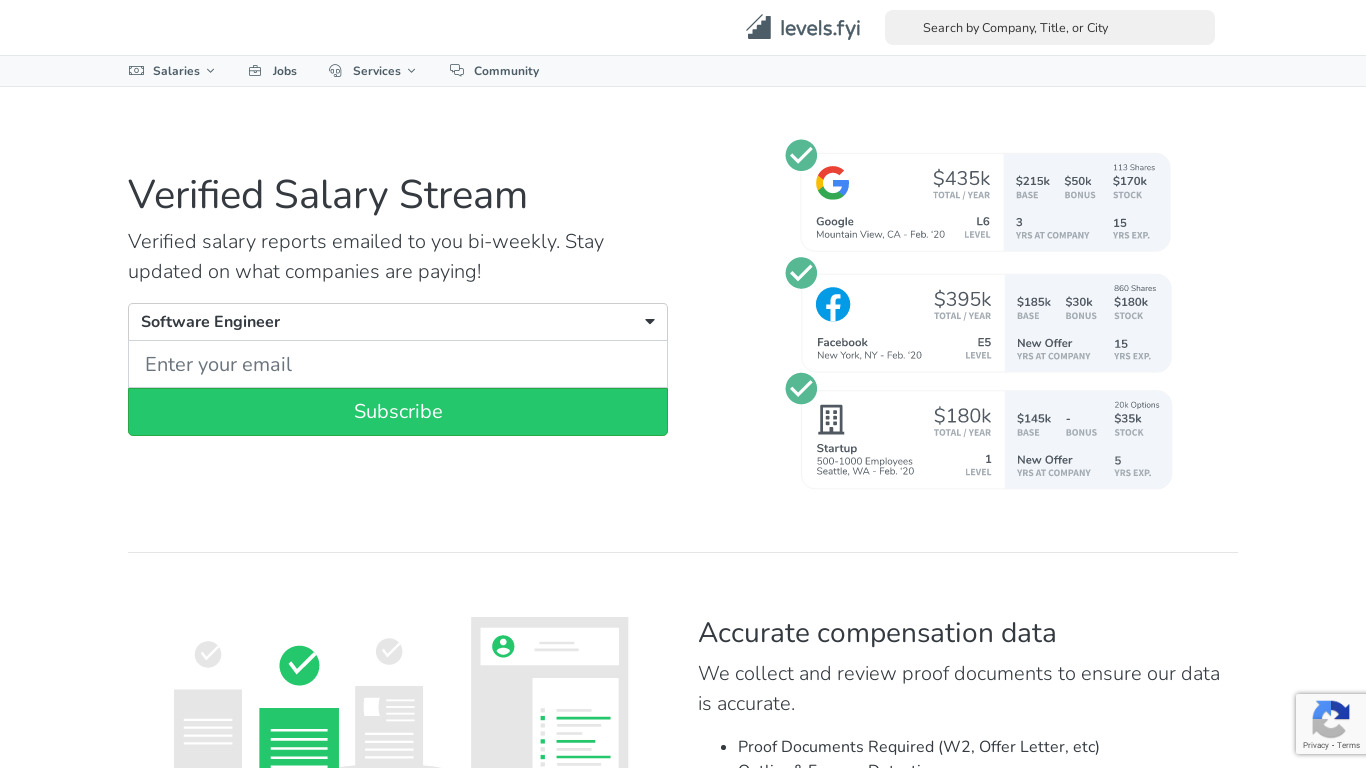 Verified Salary Stream by Levels.fyi Landing page