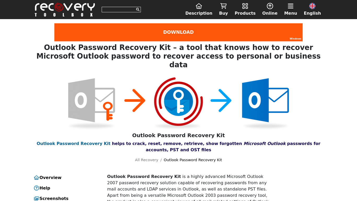 Outlook Password Recovery Landing page