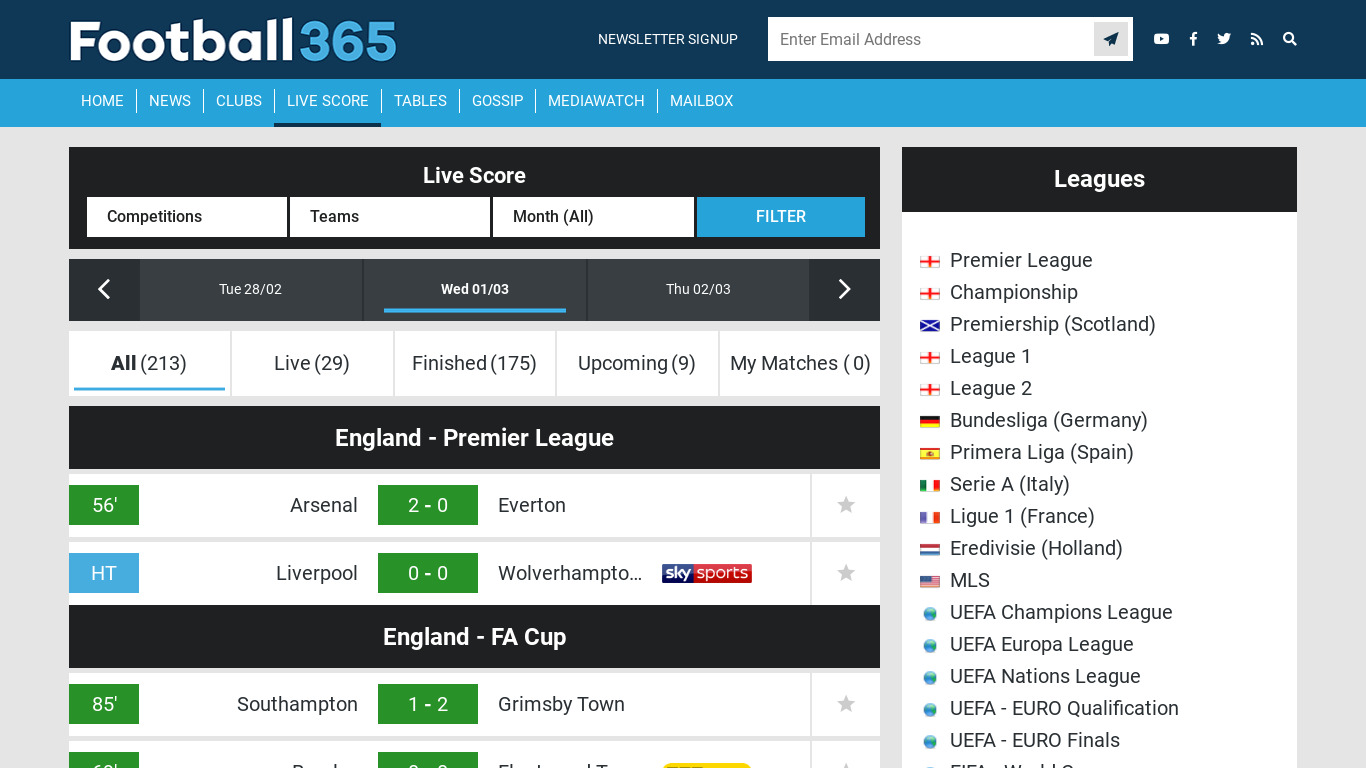 Football Live Scores Landing page
