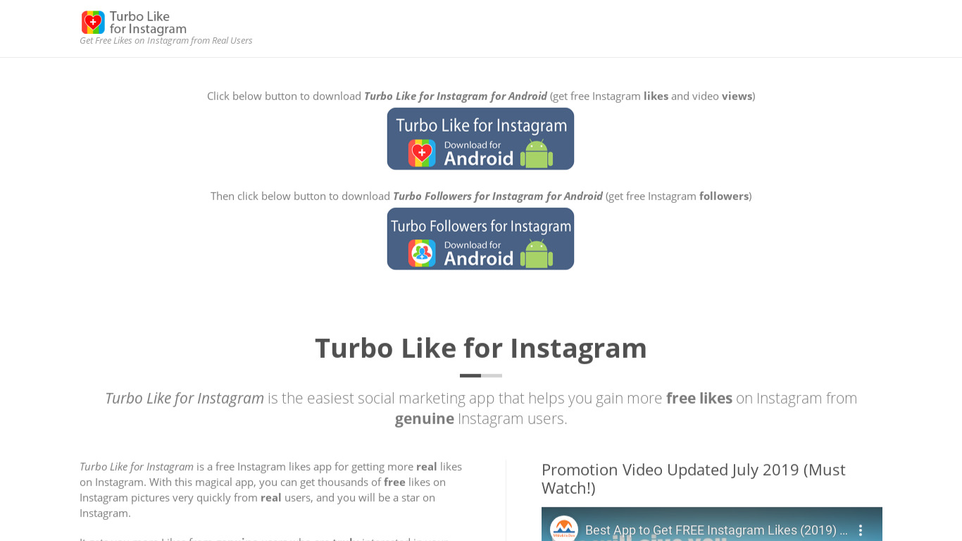 Turbo Like for Instagram Landing page