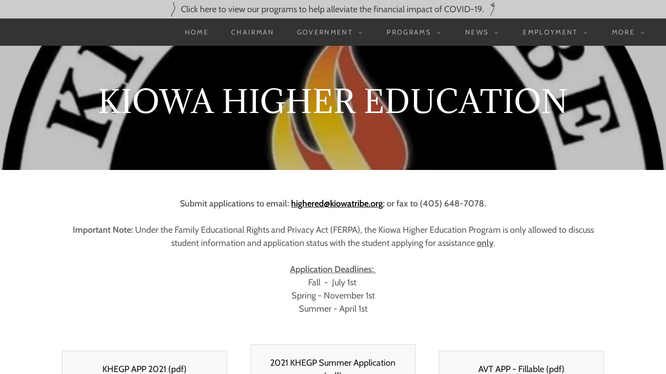 kiowatribe.org Tribal Higher Education Landing page