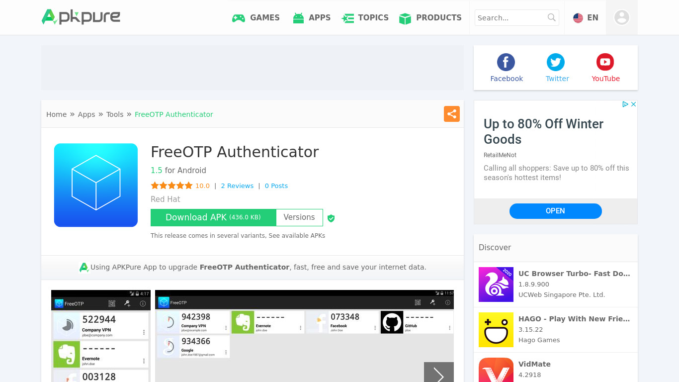 FreeOTP Authenticator Landing page