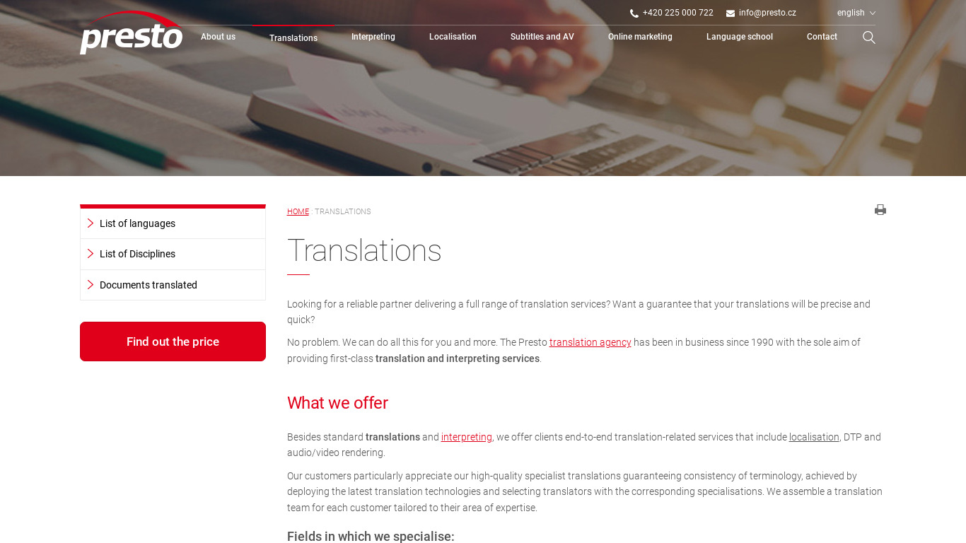Presto Translation Center Landing page