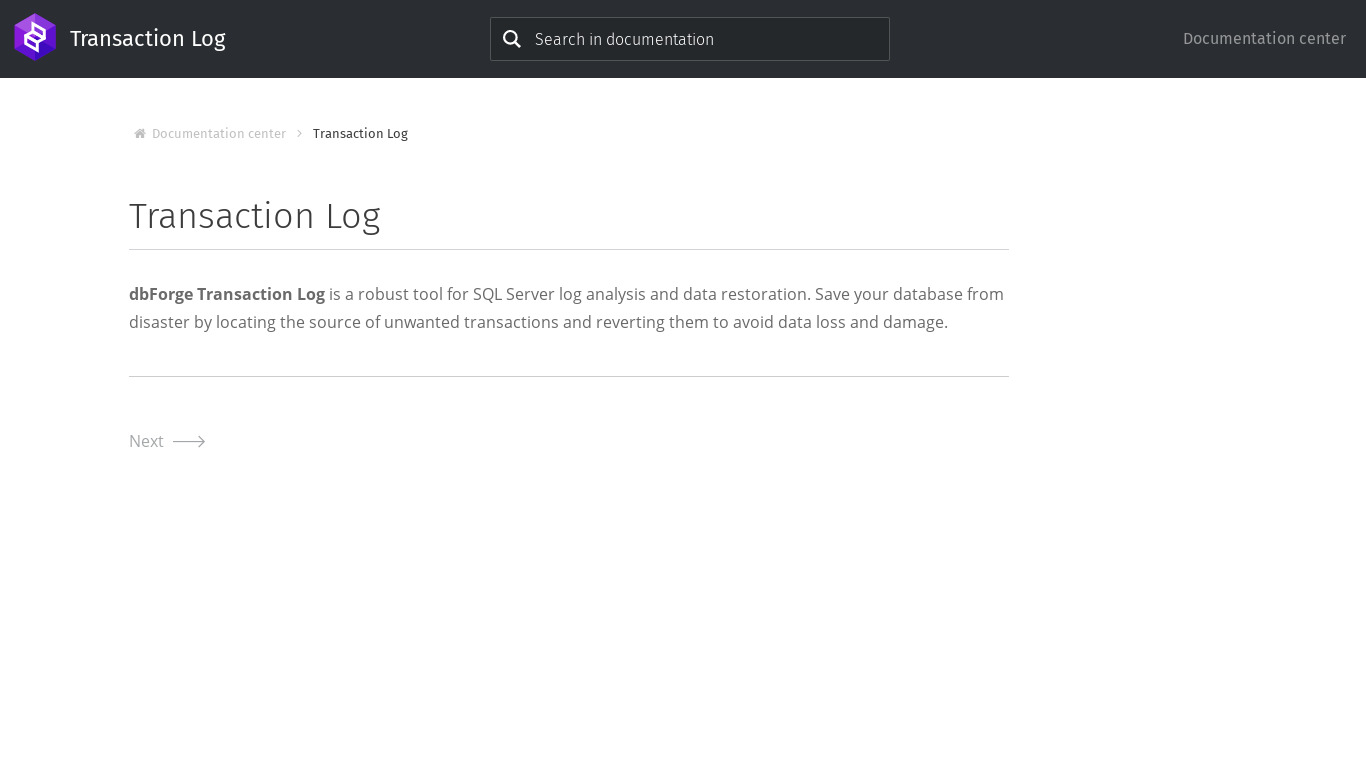 dbForge Transaction Log Landing page