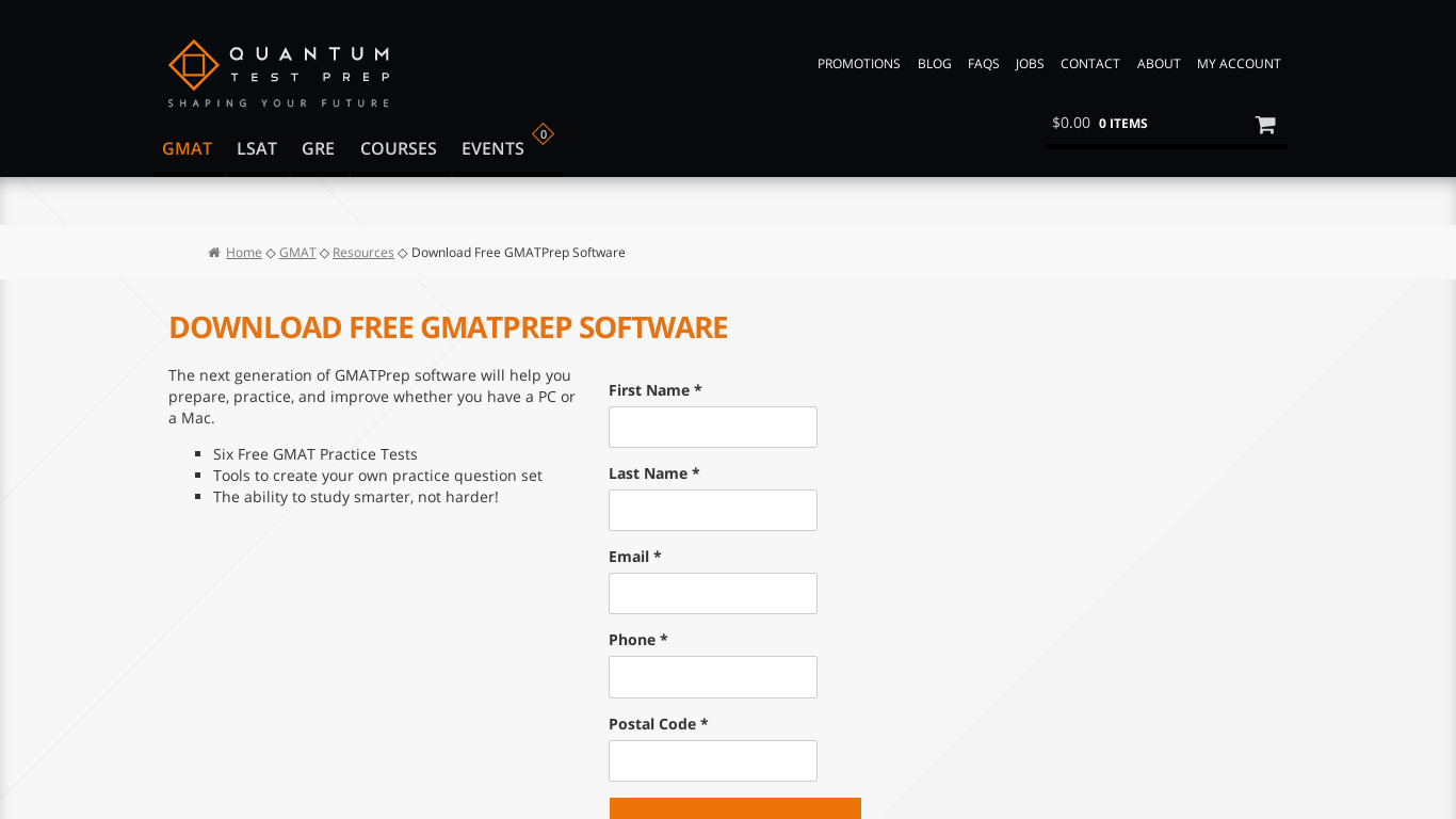 GMATPrep Software Landing page
