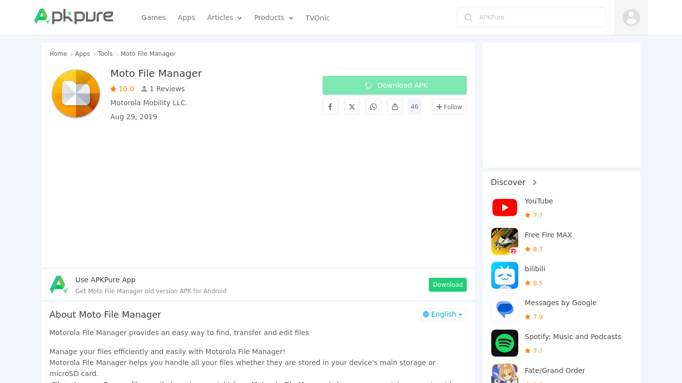 Moto File Manager Landing page