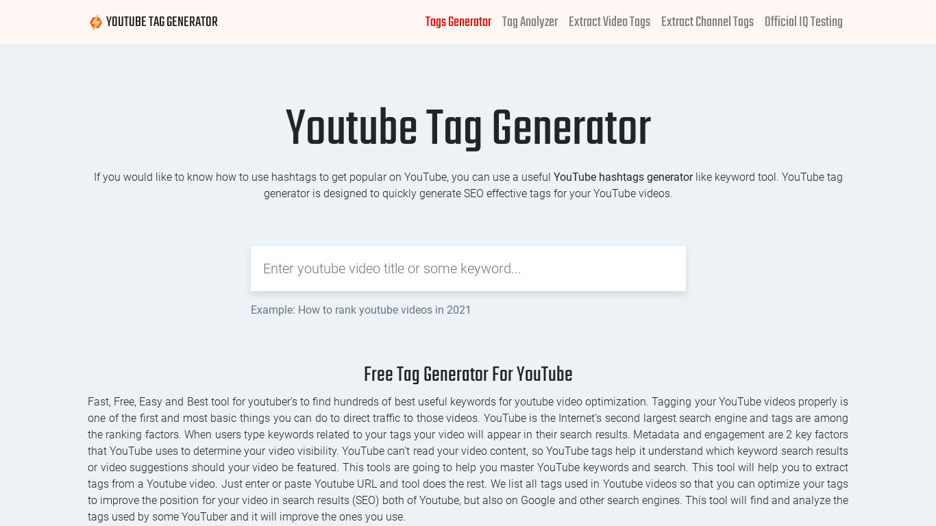 Youtube Tag Generator Landing page
