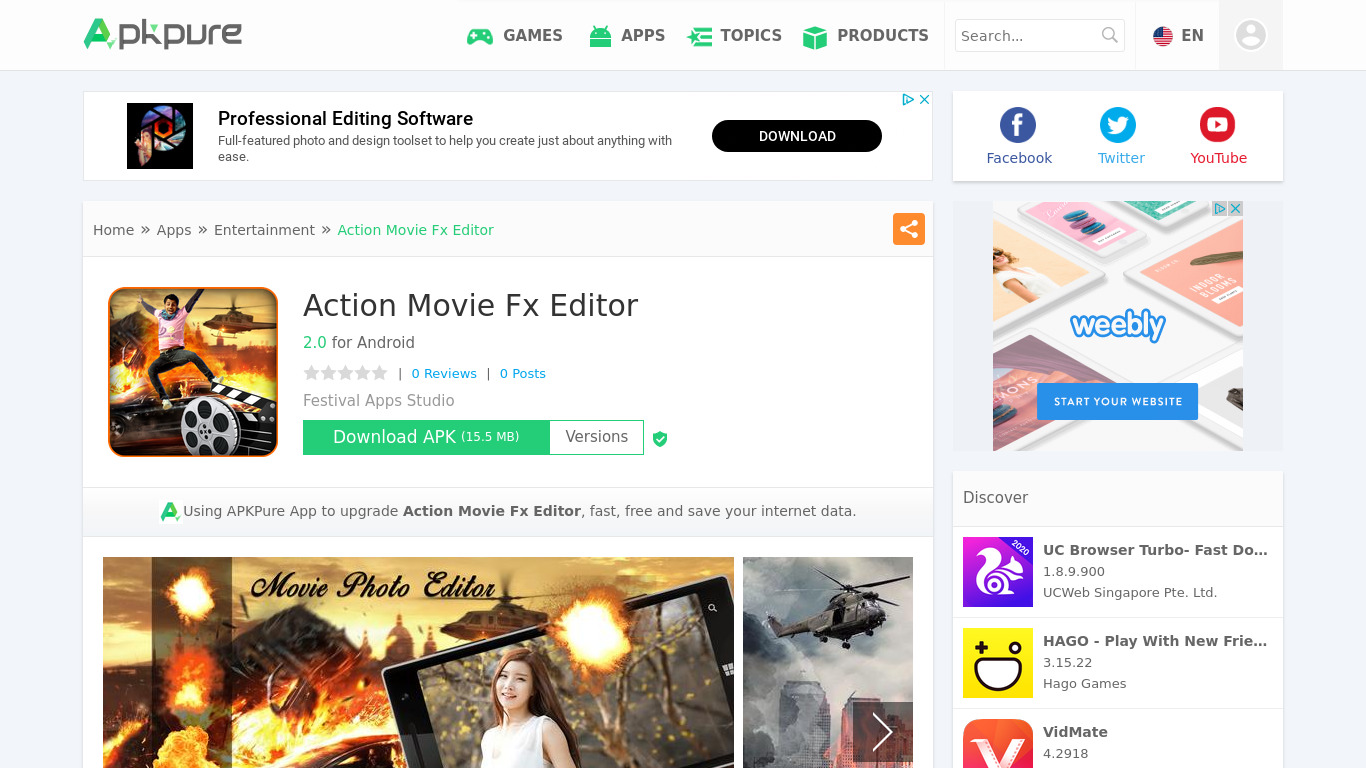 Action Movie Fx Editor App Landing page