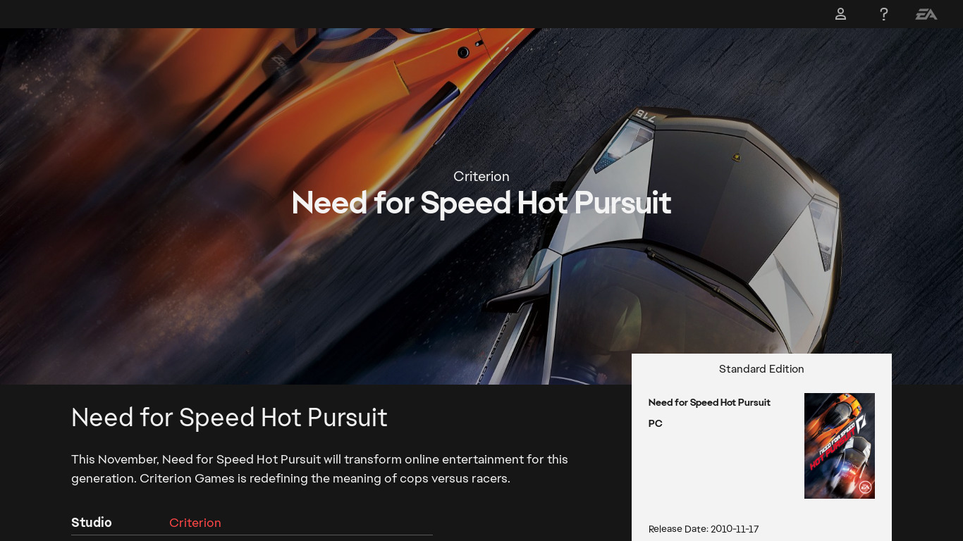 Need for Speed: Hot Pursuit Landing page