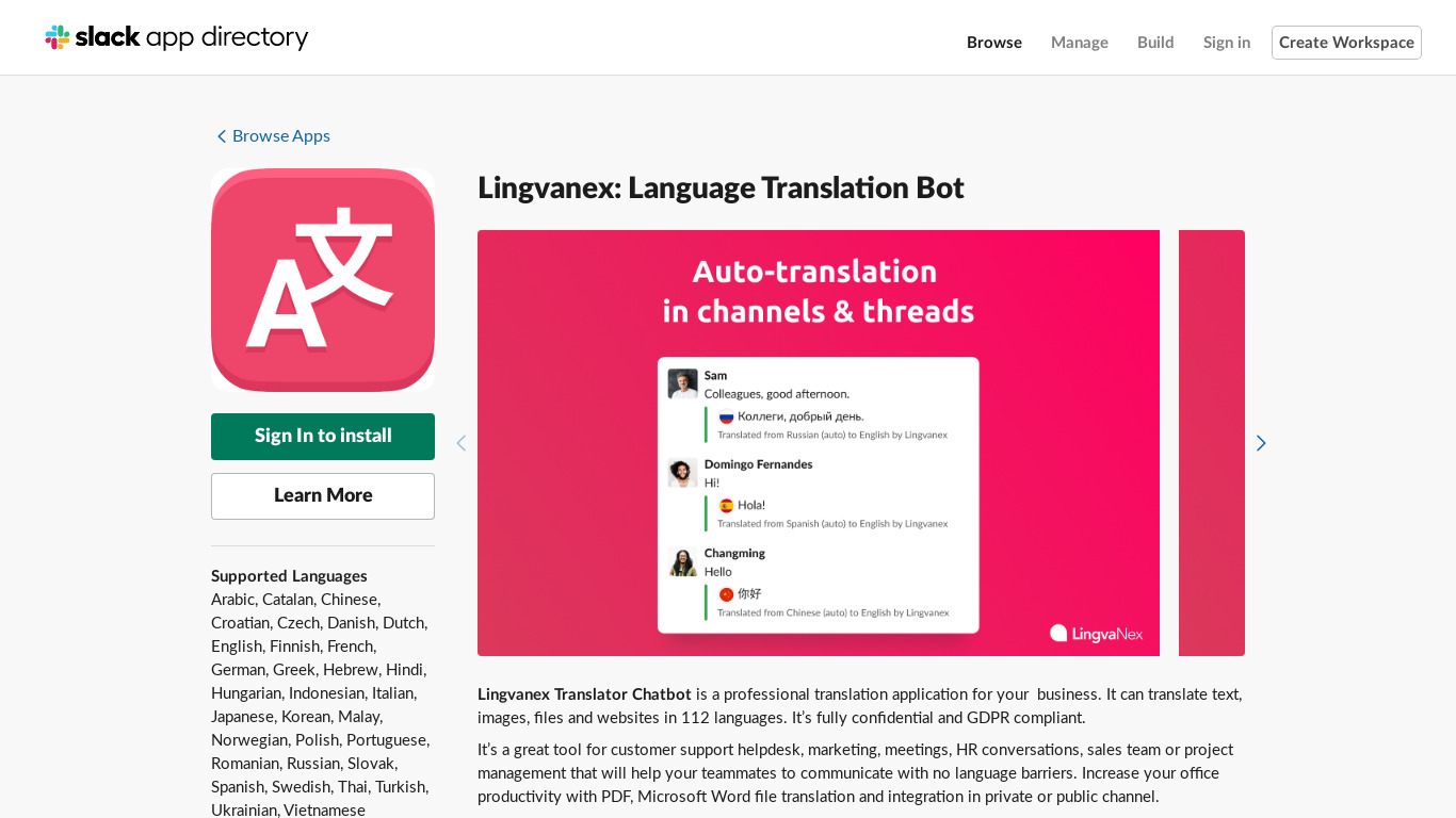 Lingvanex Translator for Slack Landing page