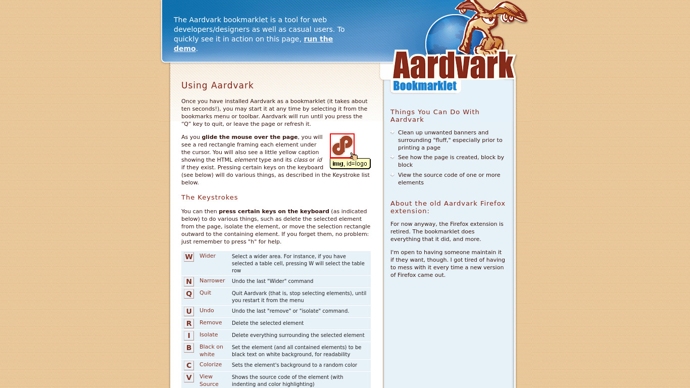 Aardvark (Bookmarklet) Landing page