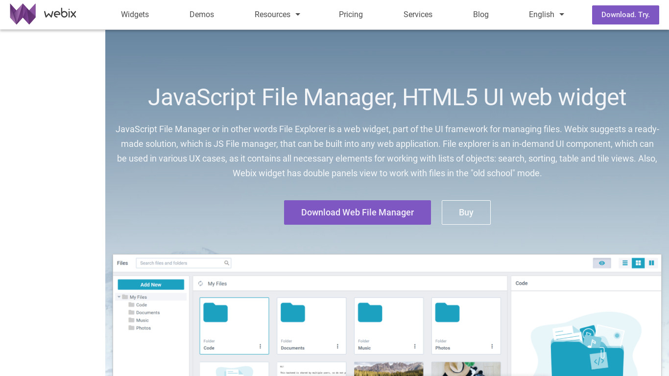 Webix JavaScript File Manager Landing page
