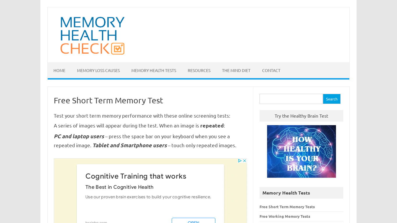 Memory Health Test Landing page