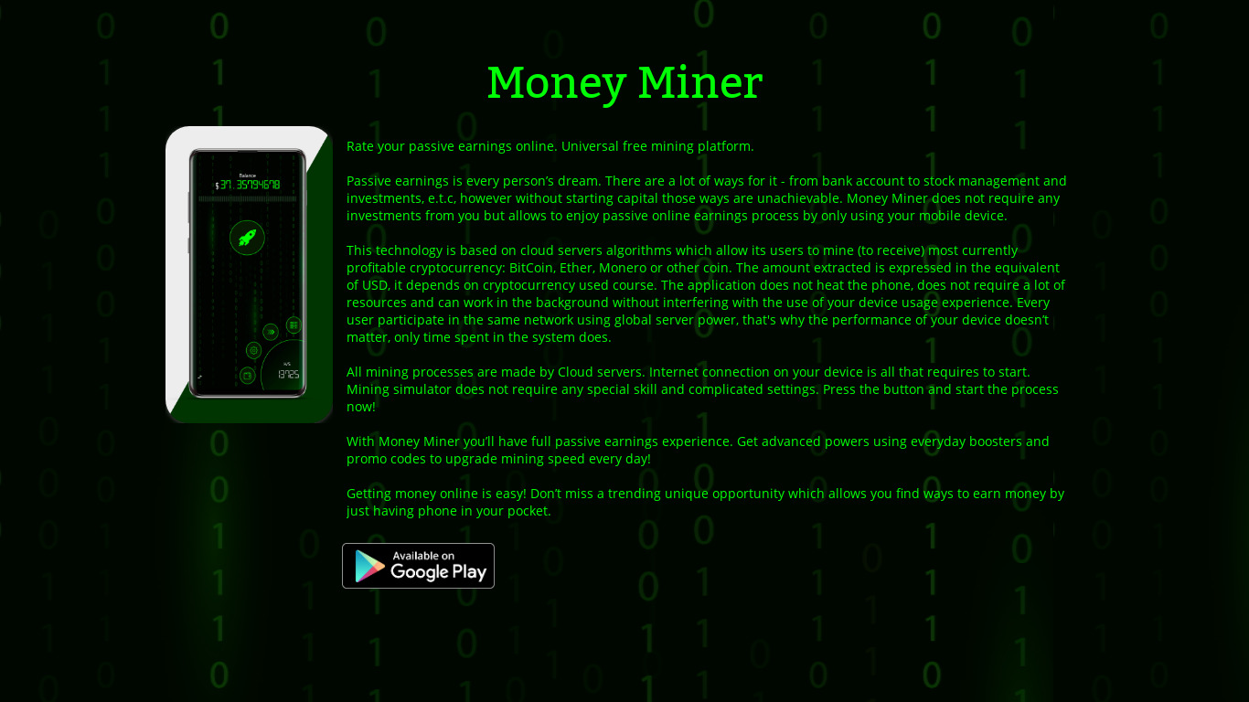 Money Miner Landing page