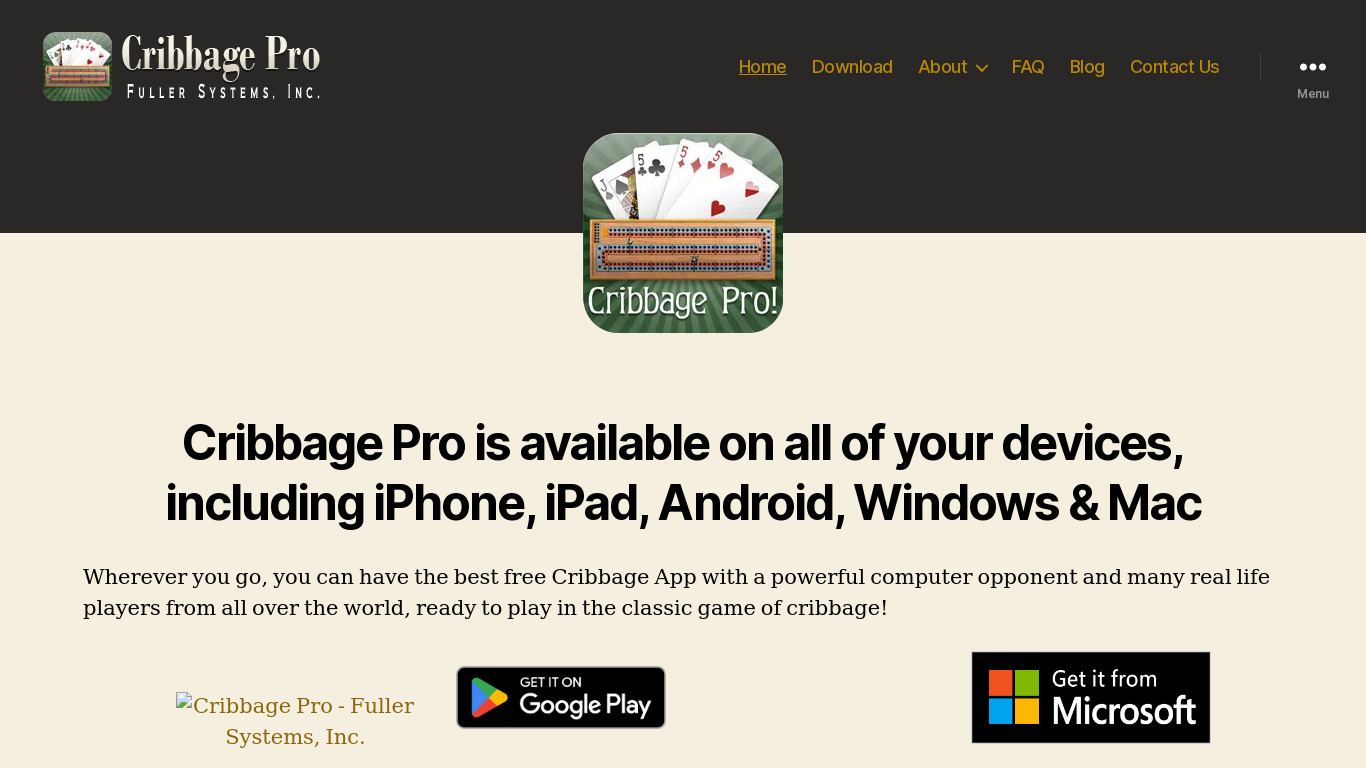 Cribbage Pro Online! Landing page
