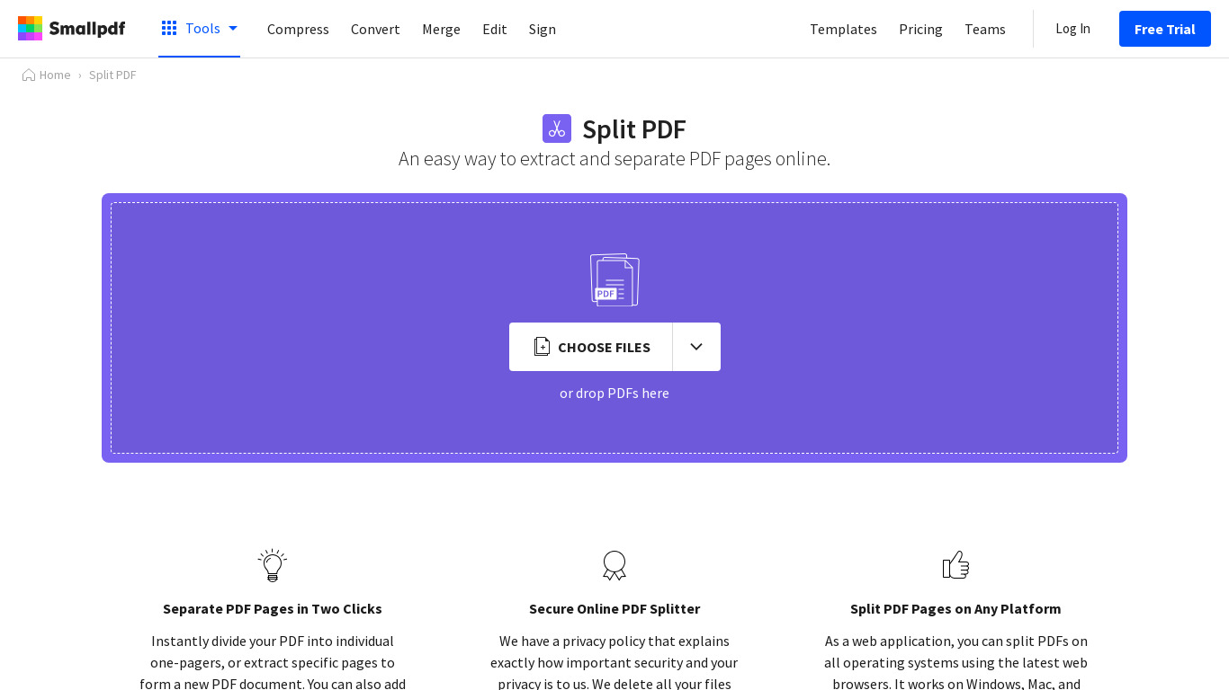 Split PDF (by Smallpdf) Landing page