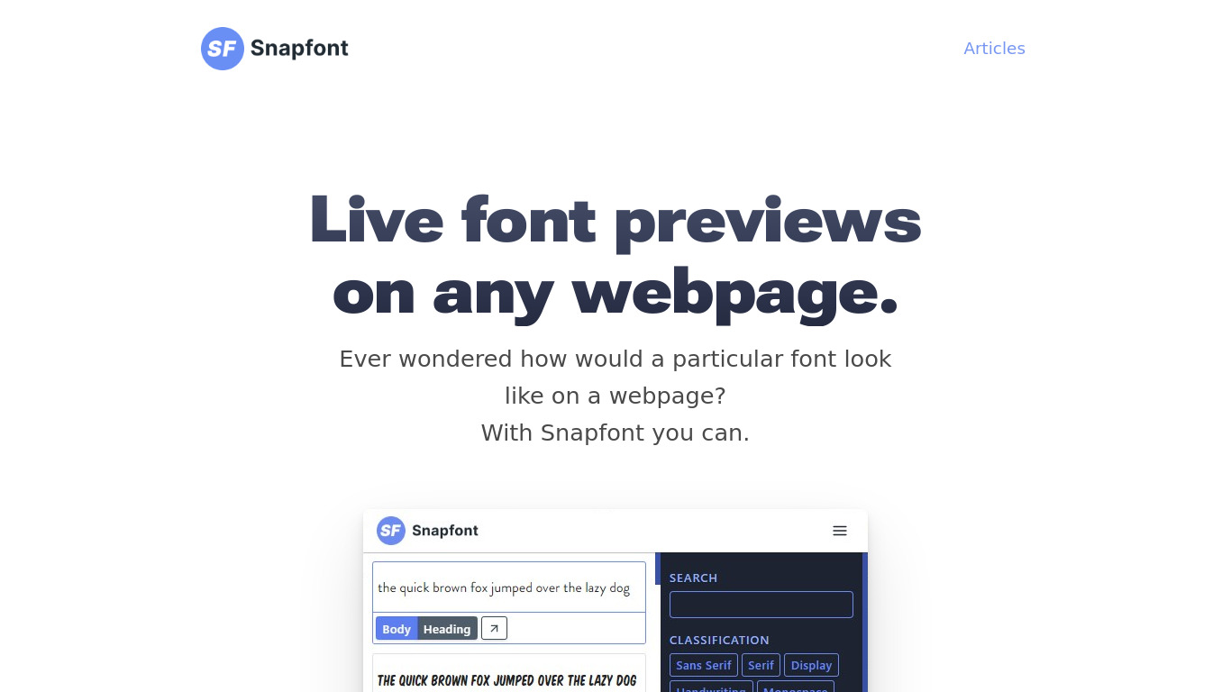 Snapfont Landing page