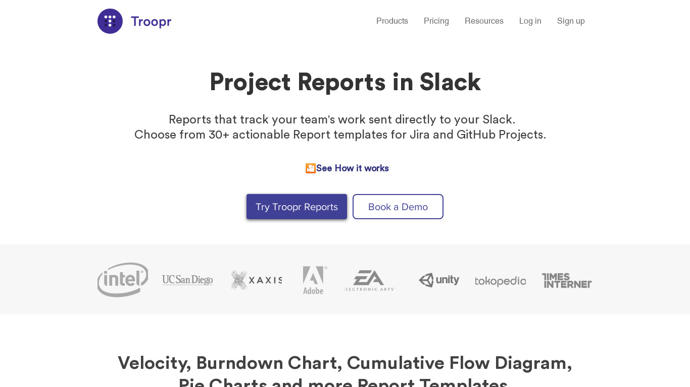 Project Reports for Slack Landing page