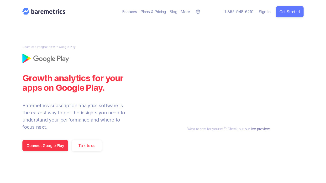 Baremetrics for Google Play Landing page