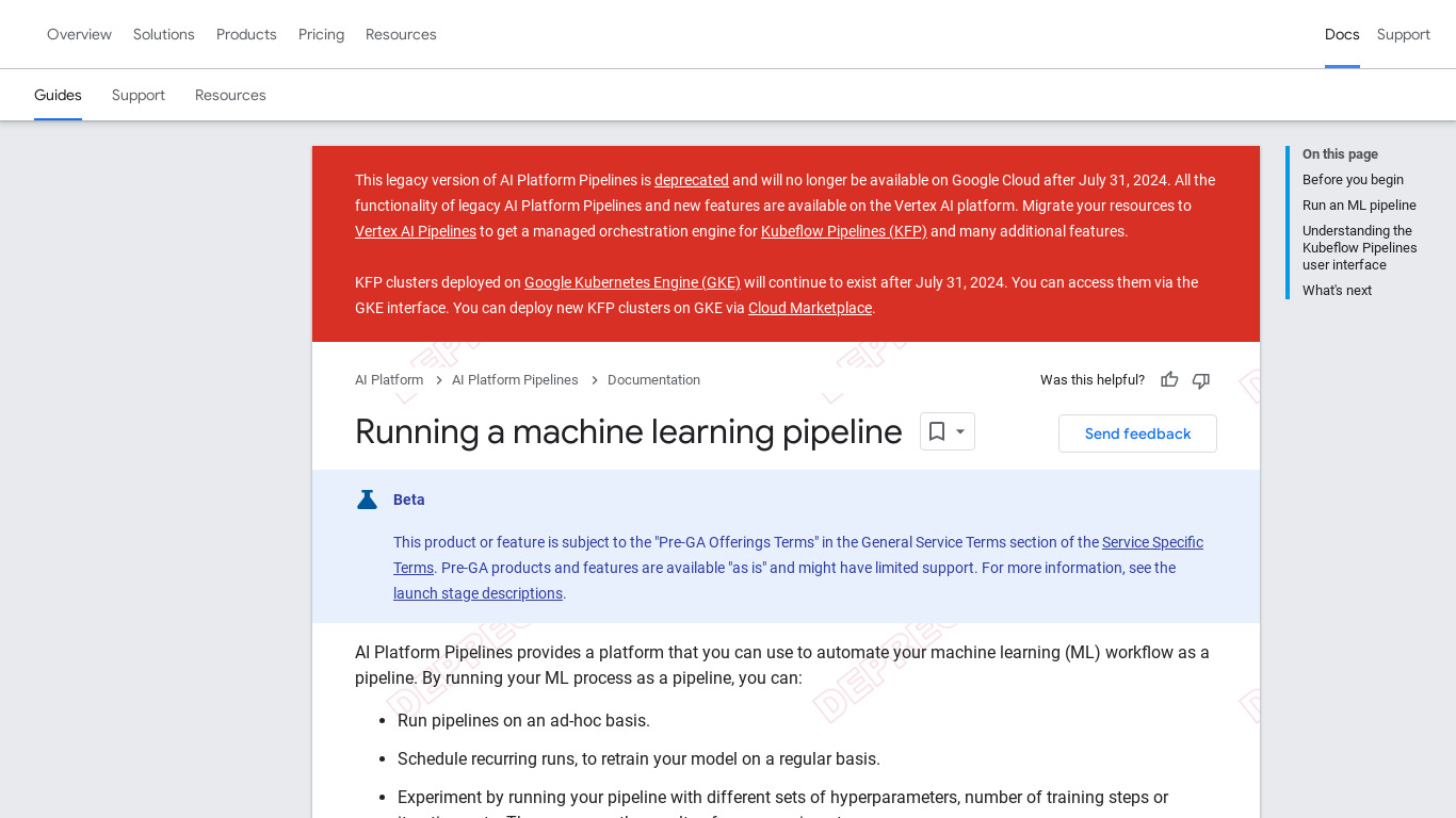 Cloud AI Platform Pipelines Landing page