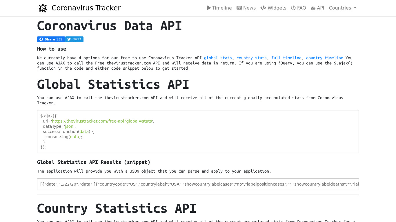 thevirustracker.com Coronavirus Data API Landing page