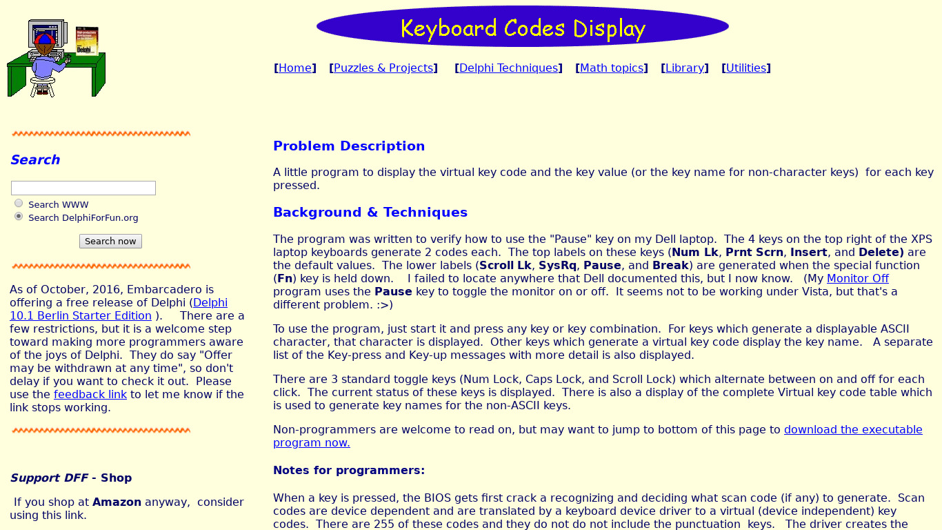 Keyboard Codes Display Landing page
