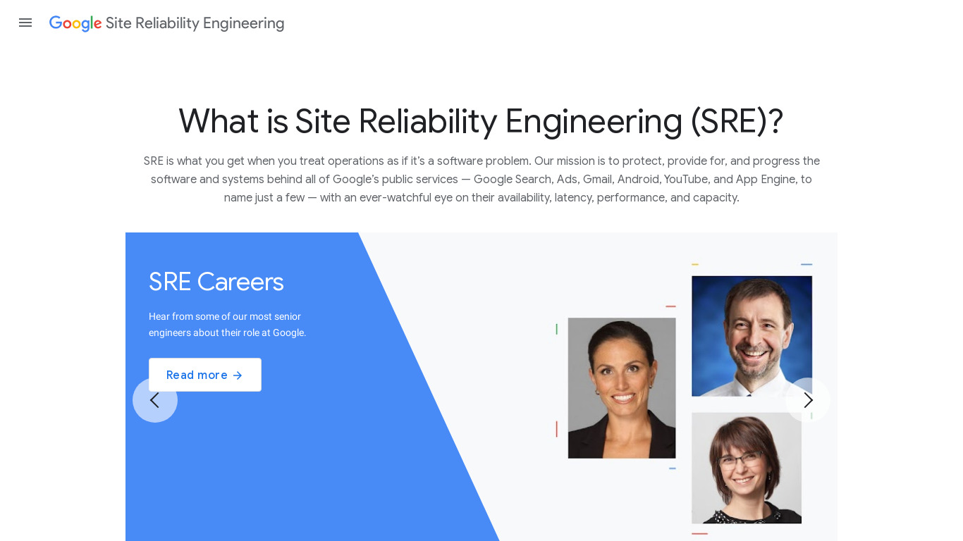 Google Site Reliability Engineering Landing page