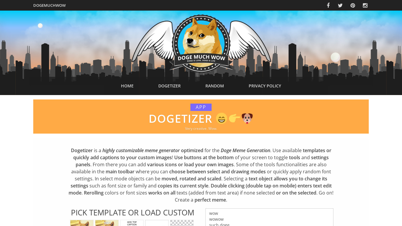 Dogetizer Meme Generator Landing page