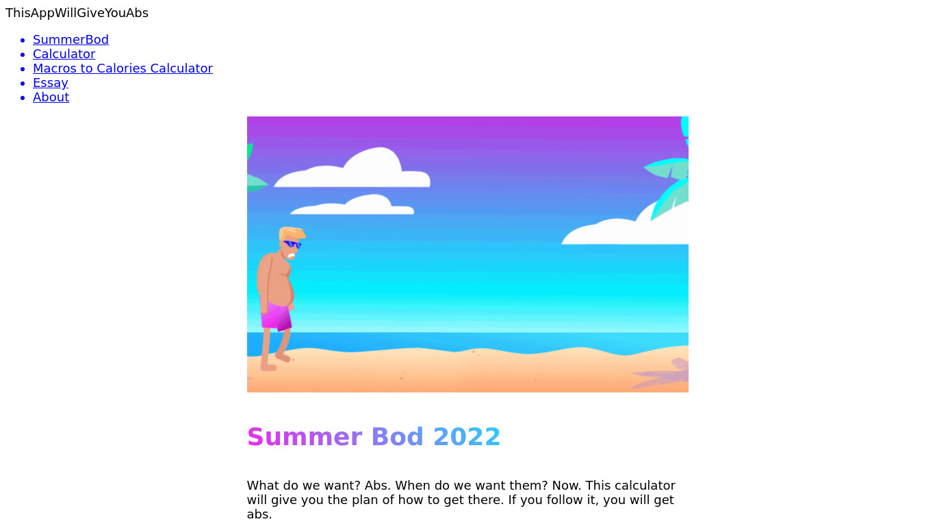 thisappwillgiveyouabs.com Summer Bod 2020 Landing page