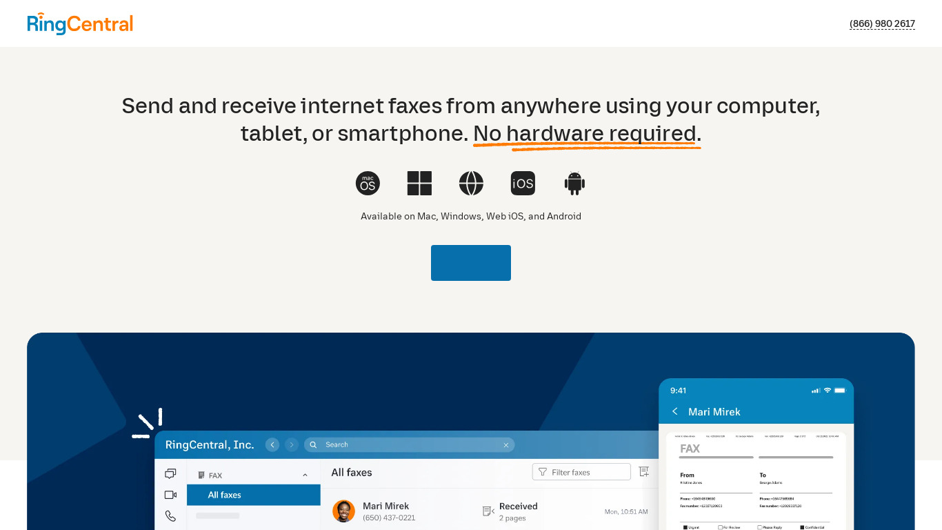 RingCentral Fax Landing page