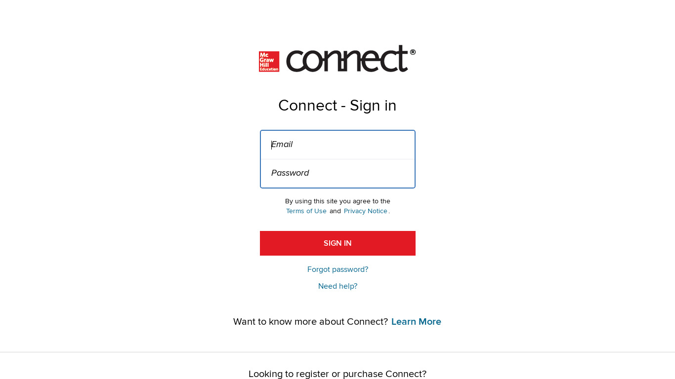 McGraw-Hill Connect Landing page