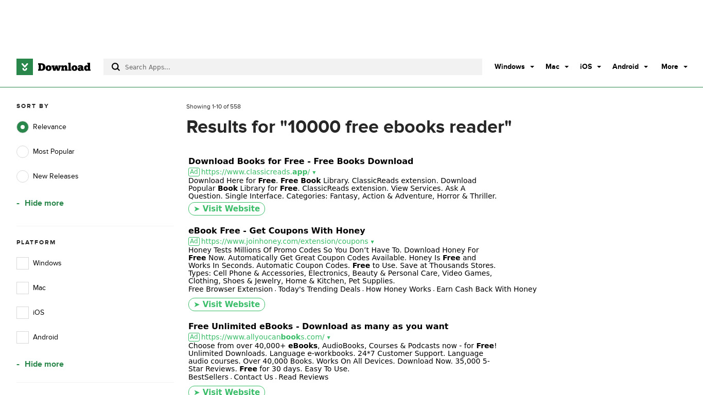 10000+ Free eBooks Reader Landing page