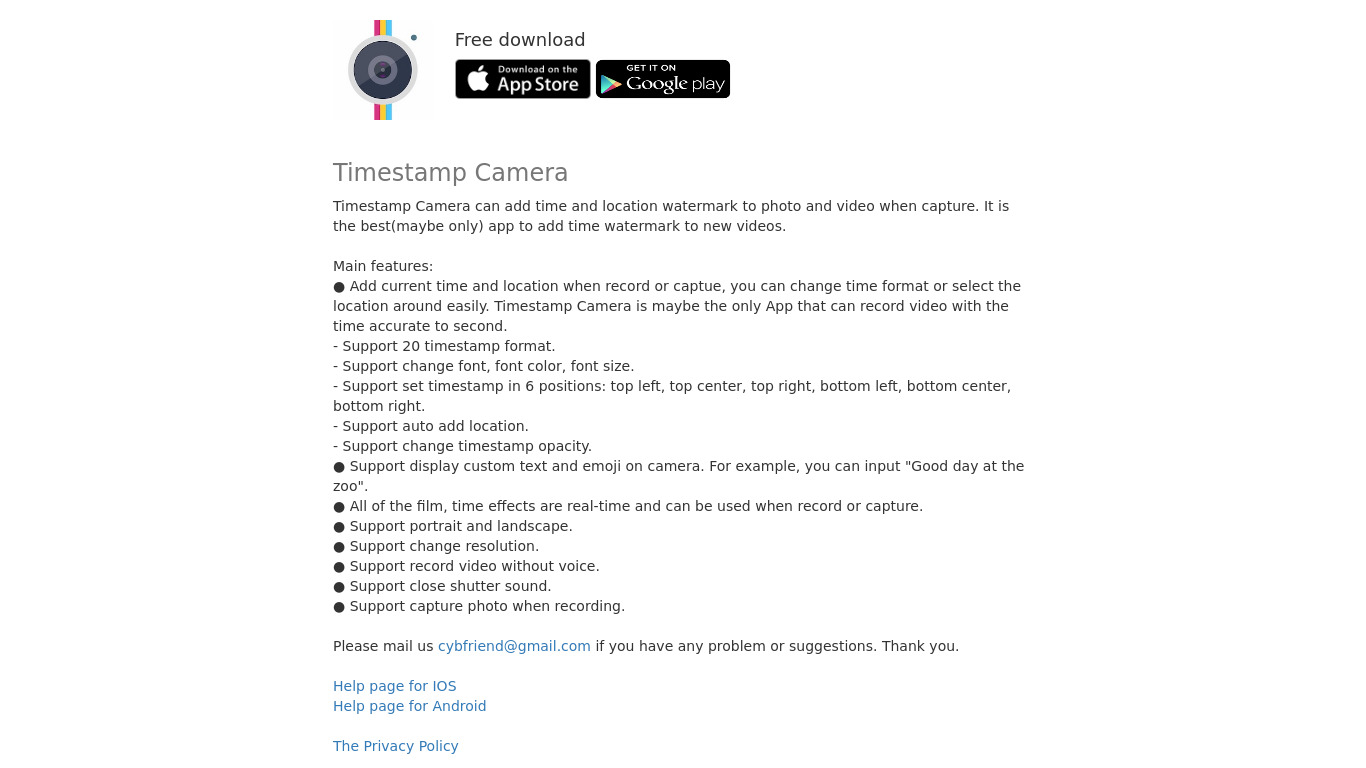 Timestamp Camera Free Landing page