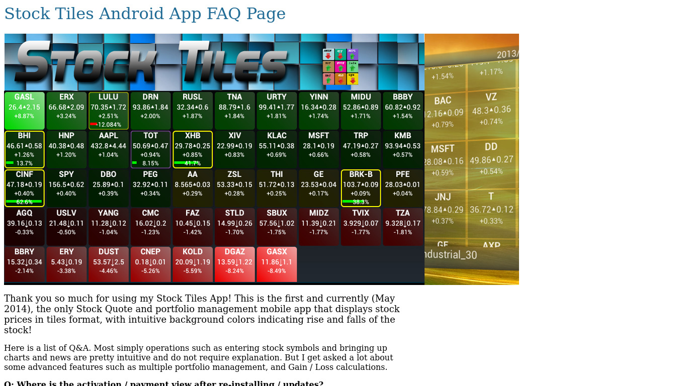 Realtime Stock Quotes & Tiles Landing page