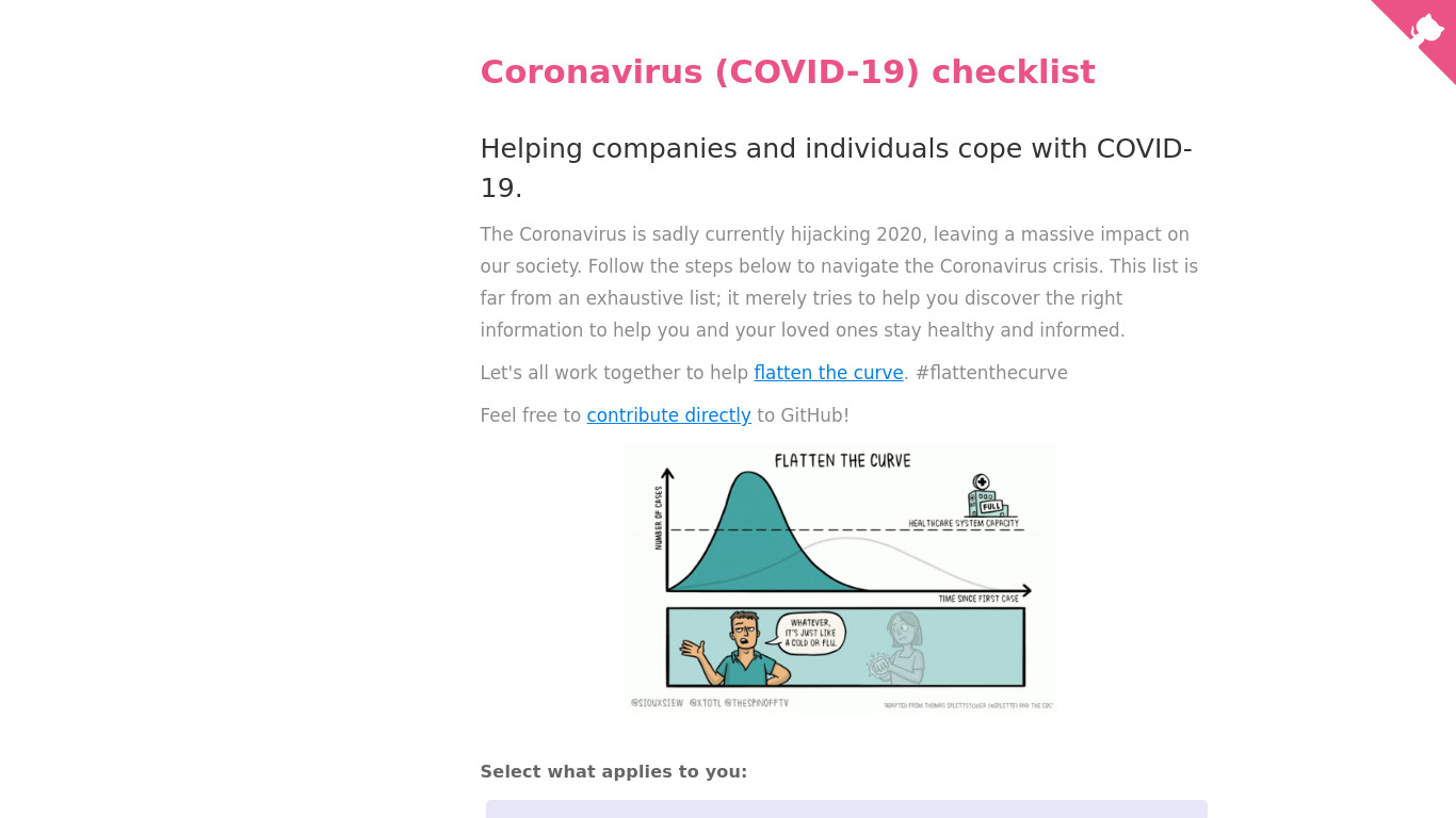 Coronavirus checklist Landing page