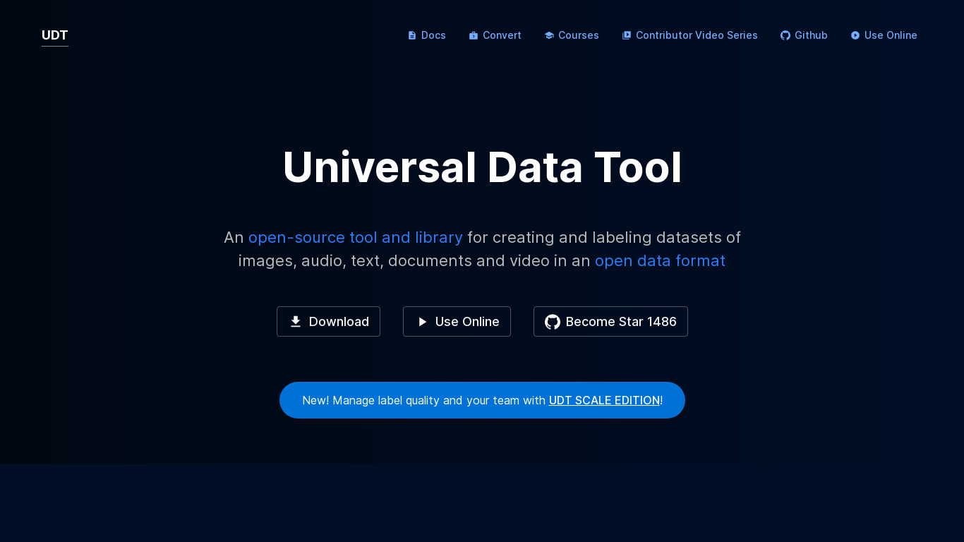 Universal Data Tool Landing page
