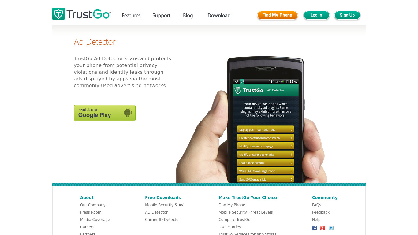 TrustGo Ad Detector Landing page