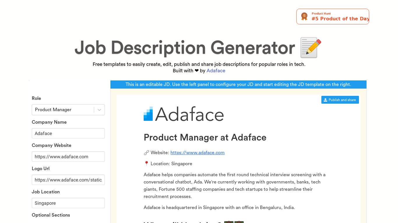 Adaface Job Description Generator Landing page