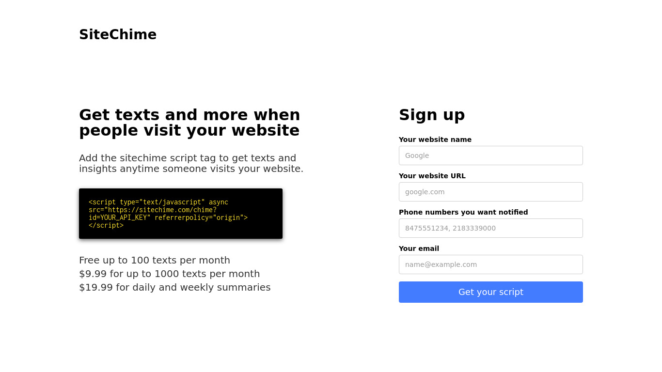 SiteChime Landing page