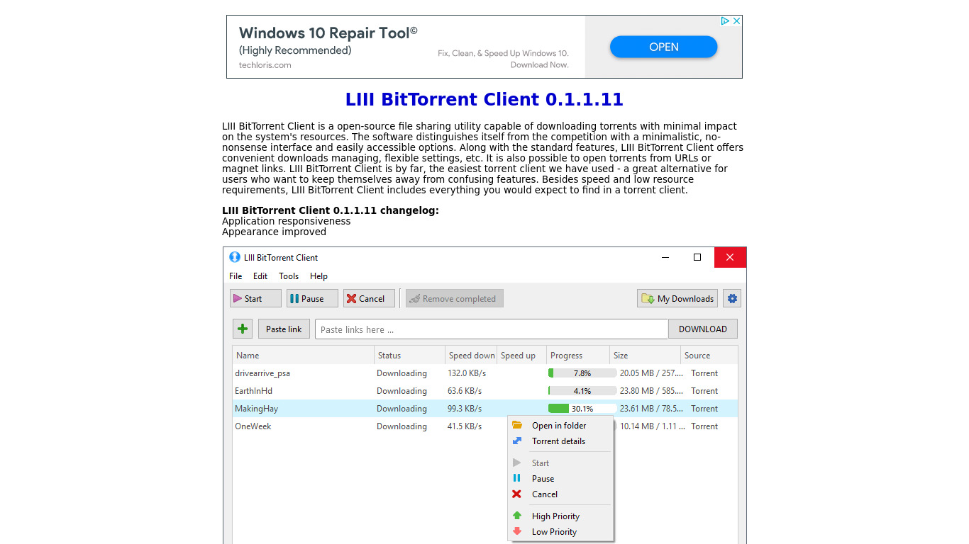 LIII BitTorrent Client Landing page