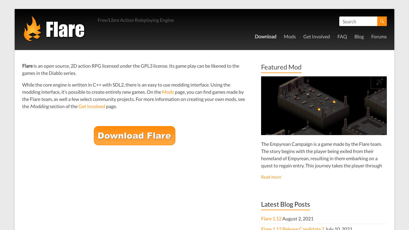 Flare (game) Landing page